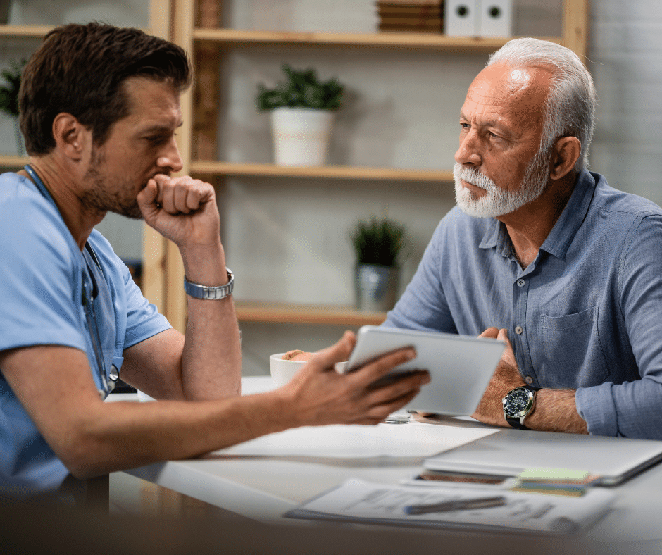 Medical provider discussing Suboxone treatment option with his patient for his opioid use disorder.