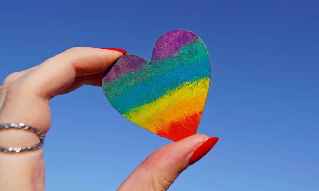 A person holding a rainbow heart for the LGBTQ+ community