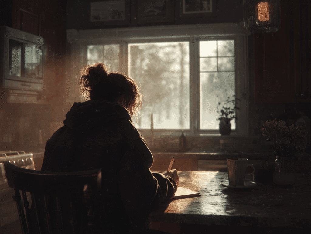 Person journaling at a cozy kitchen table during a quiet winter morning, symbolizing reflection, recovery, and MAT relapse prevention planning for the new year.